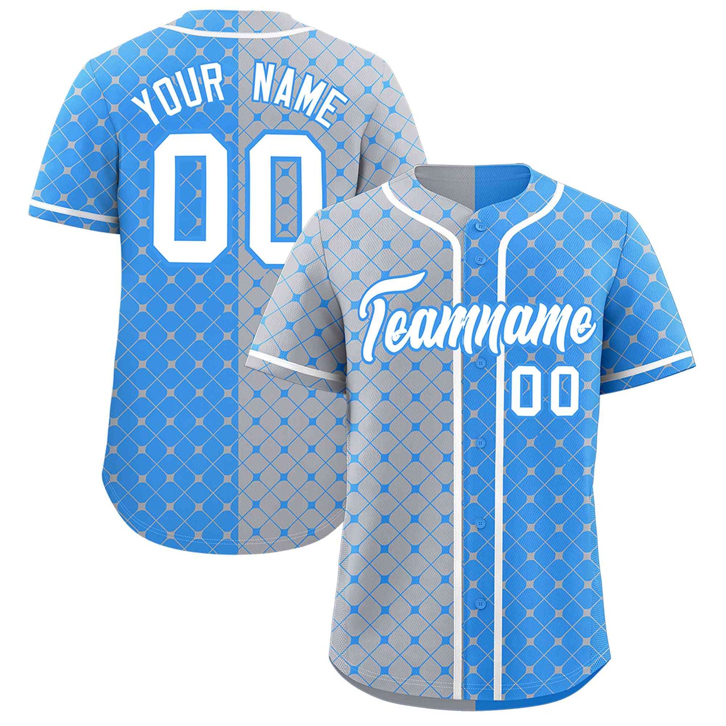 Custom Gray Powder Blue Split Fashion Plaid Design Authentic Baseball Jersey