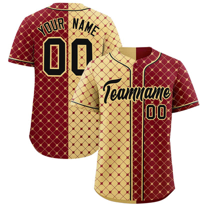 Custom Khaki Crimson Split Fashion Plaid Design Authentic Baseball Jersey