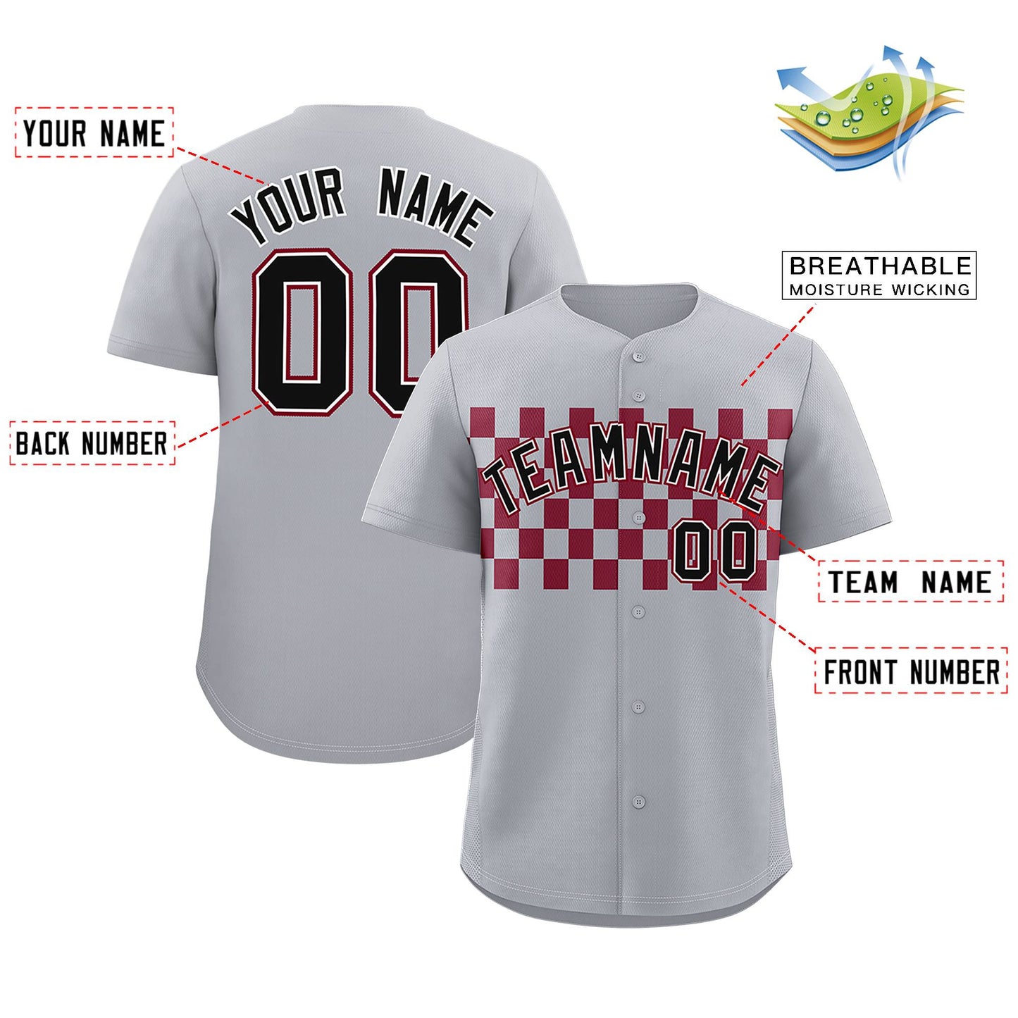 Custom Gray Crimson Personalized Plaid Fashion Design Authentic Baseball Jersey