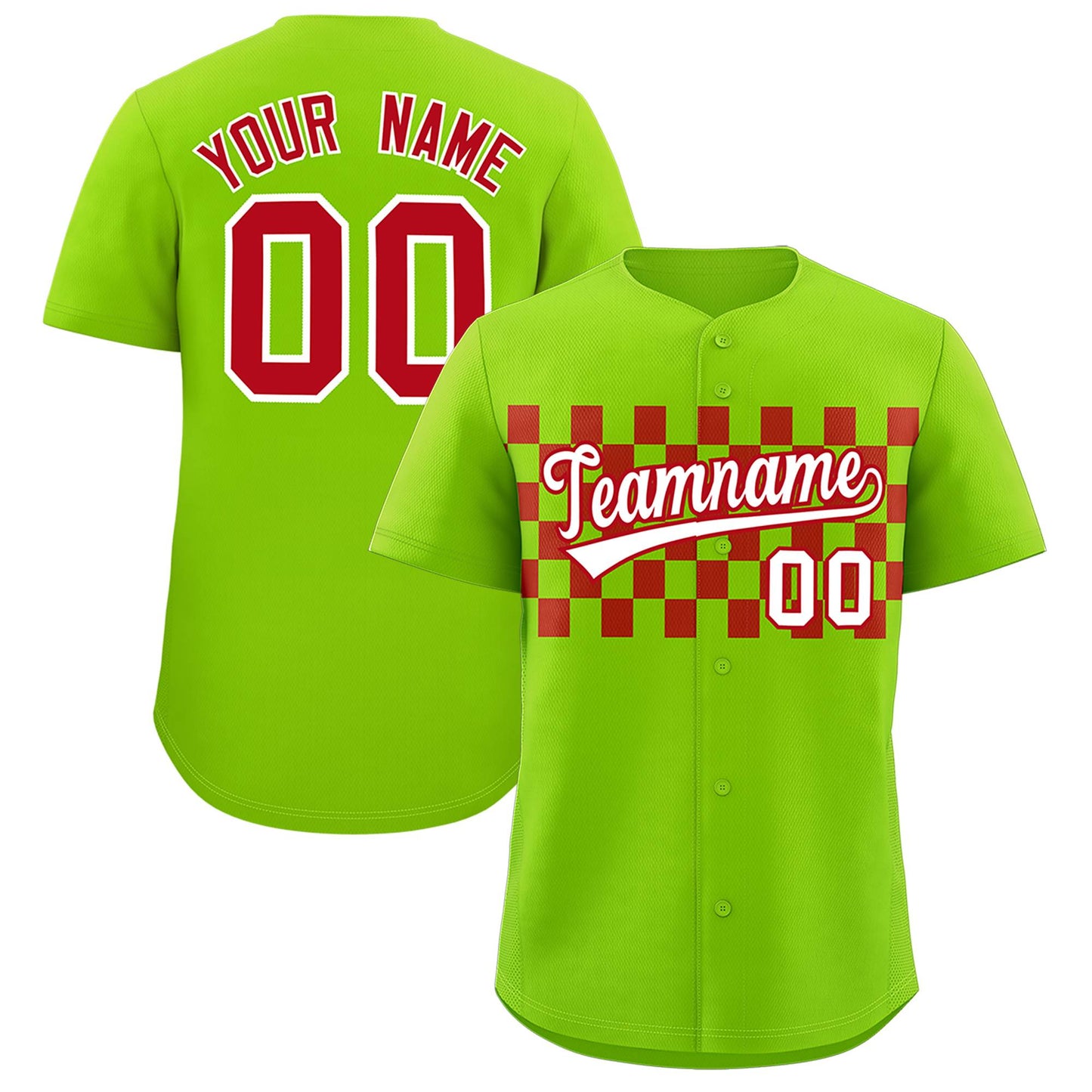 Custom Neon Green Red Personalized Plaid Fashion Design Authentic Baseball Jersey