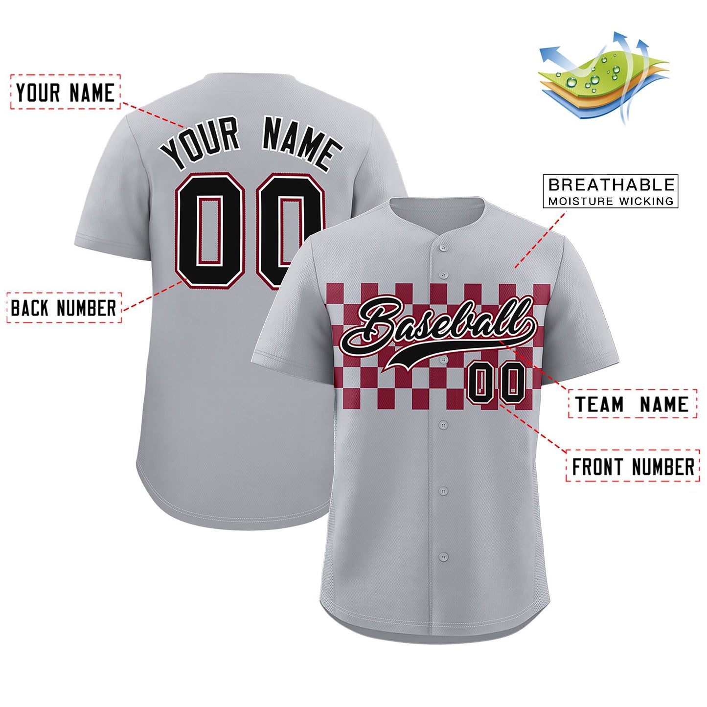 Custom Gray Crimson Personalized Plaid Fashion Design Authentic Baseball Jersey