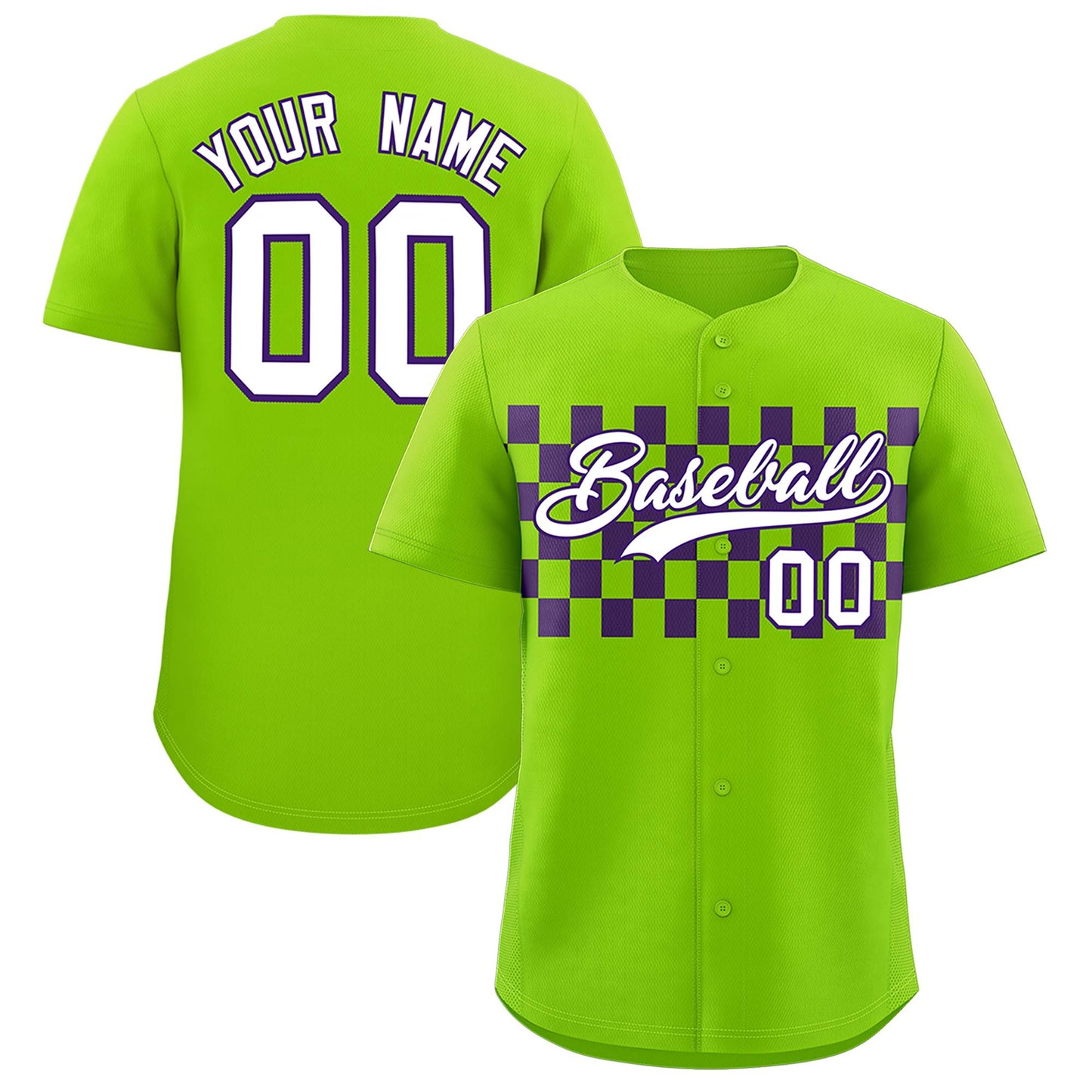 Custom Neon Green Purple Personalized Plaid Fashion Design Authentic Baseball Jersey