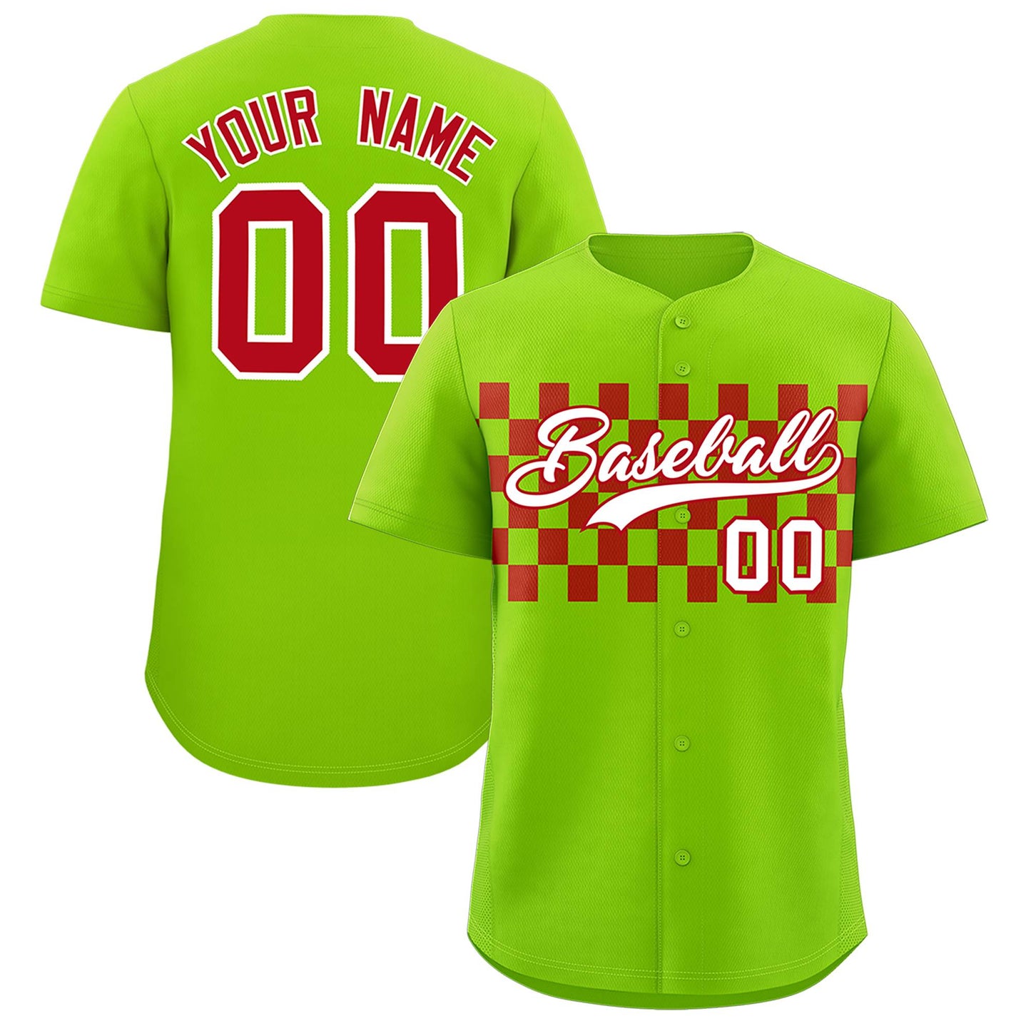 Custom Neon Green Red Personalized Plaid Fashion Design Authentic Baseball Jersey