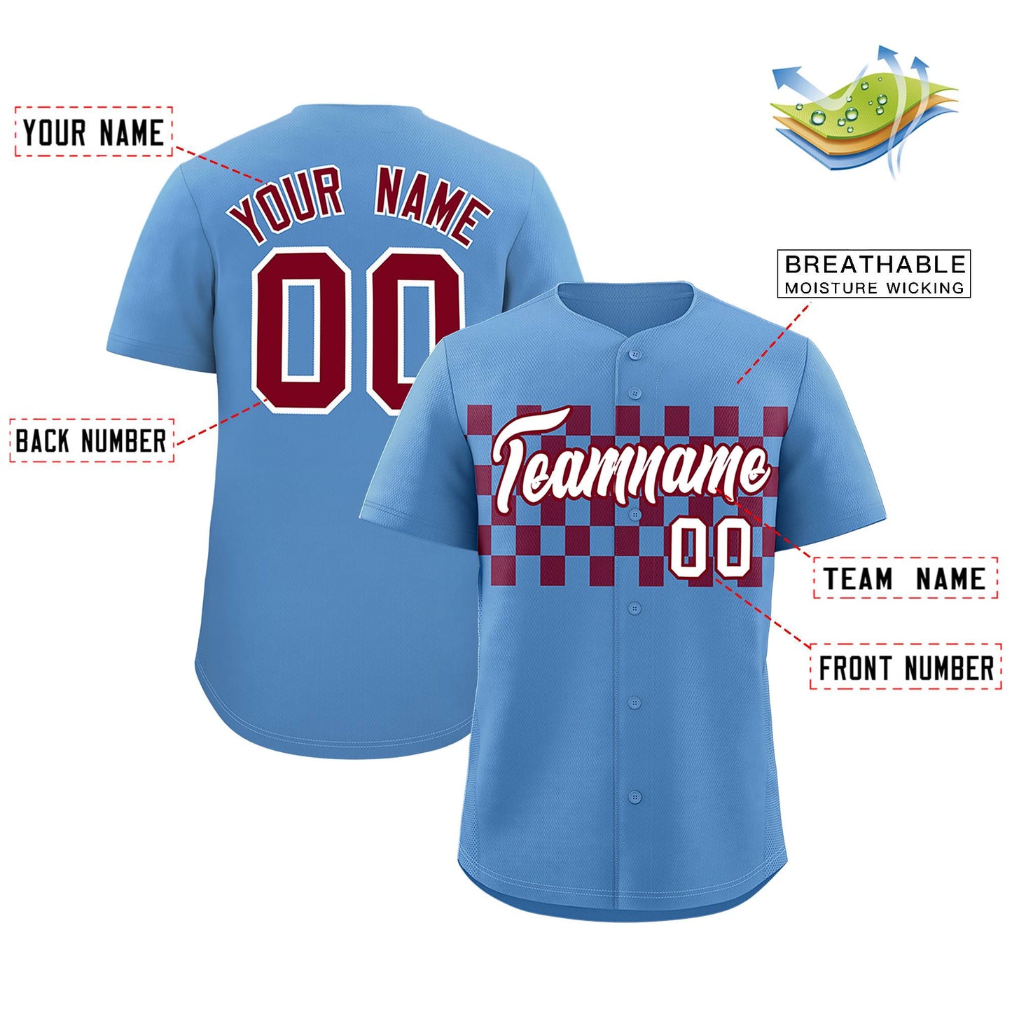 Custom Light Blue Crimson Personalized Plaid Fashion Design Authentic Baseball Jersey