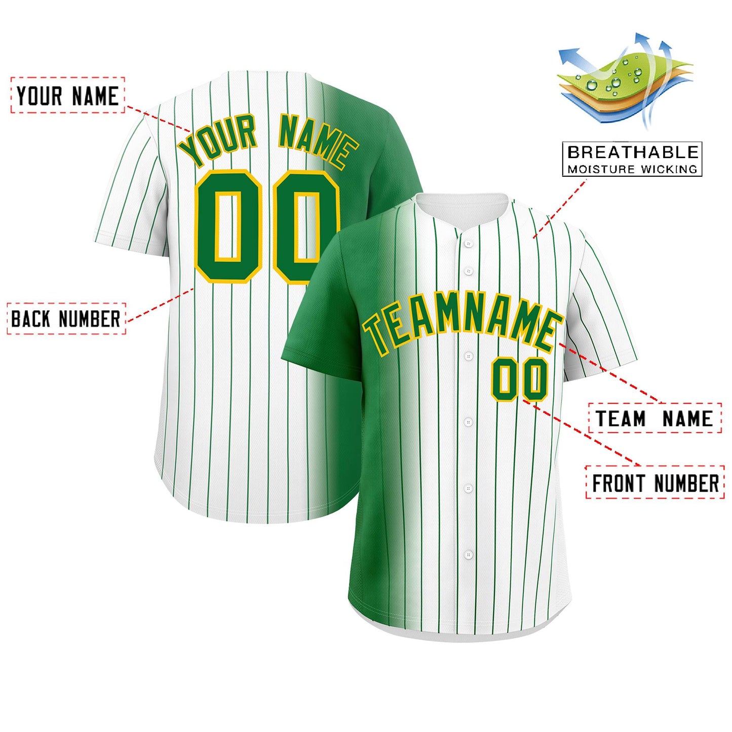 Custom White Kelly Green Pinstripe Personalized Gradient Authentic Baseball Jersey