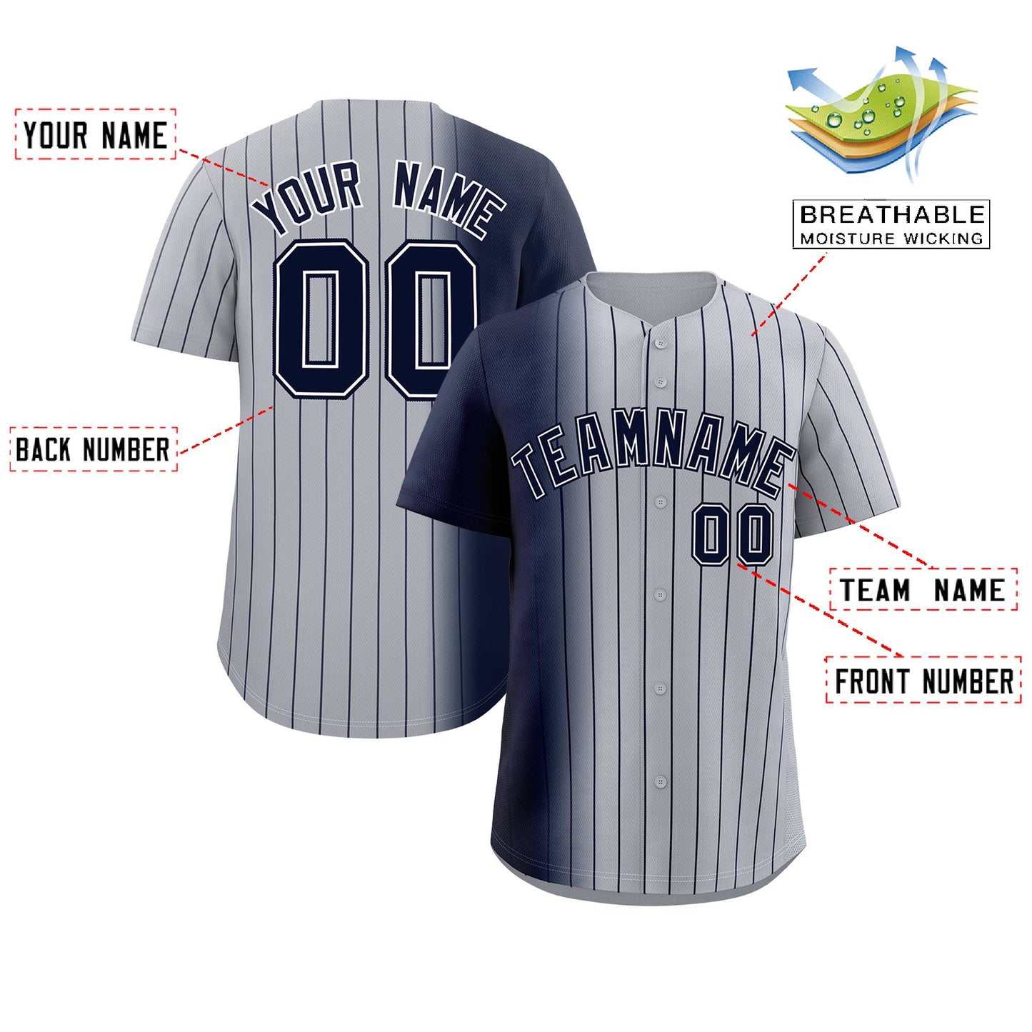 Custom Gray Navy Pinstripe Personalized Gradient Authentic Baseball Jersey