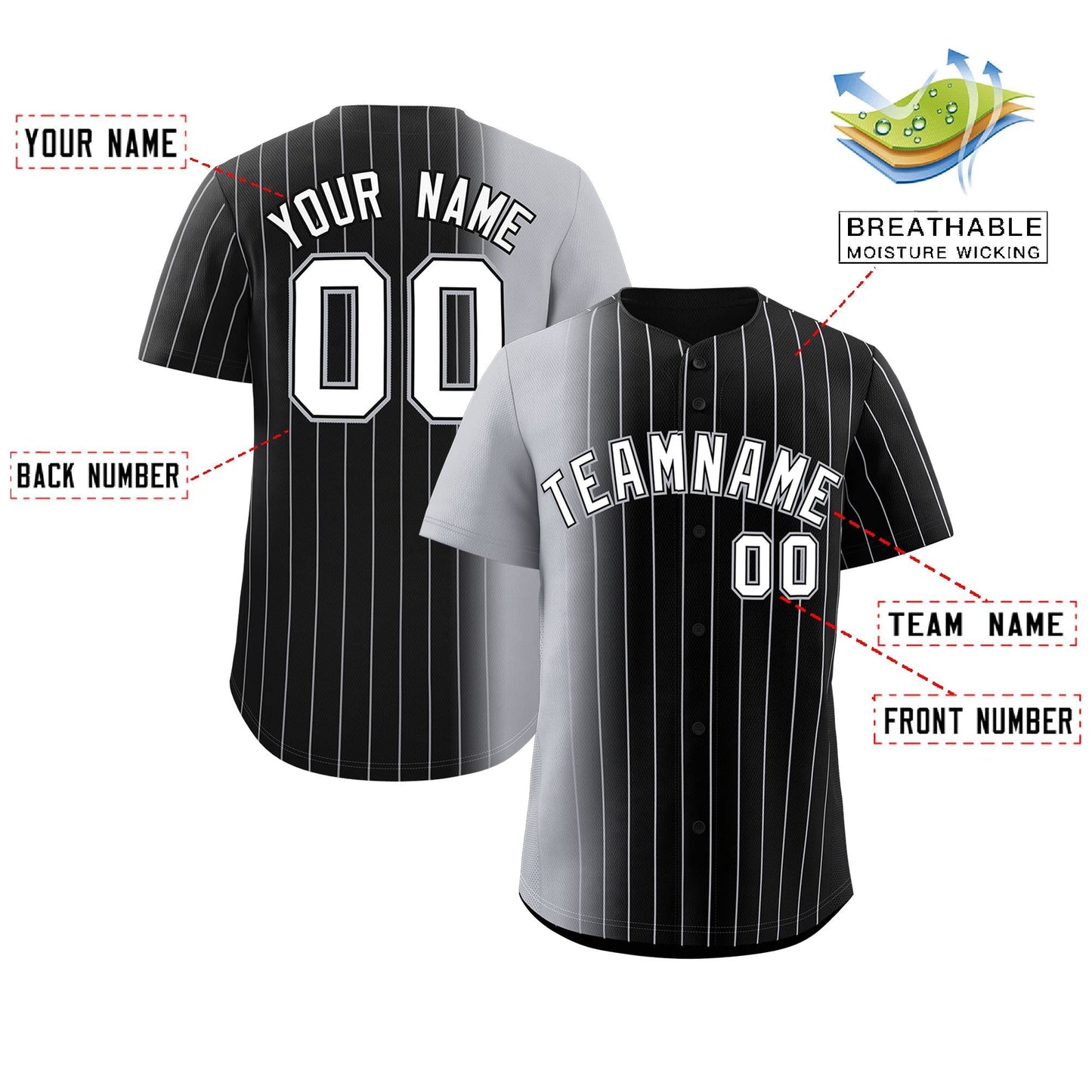 Custom Black Gray Pinstripe Personalized Gradient Authentic Baseball Jersey