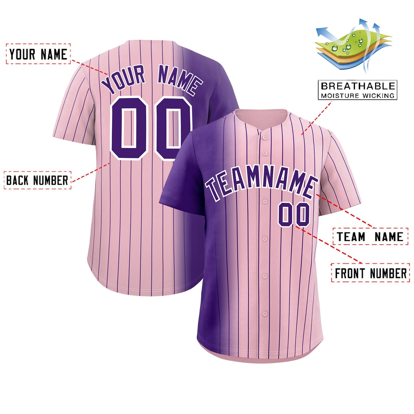 Custom Light Pink Purple Pinstripe Personalized Gradient Authentic Baseball Jersey