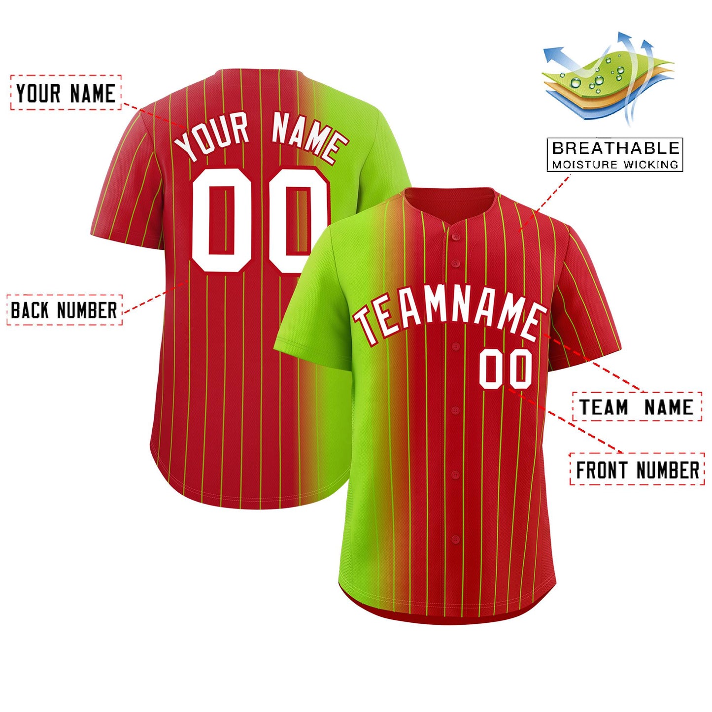 Custom Red Neon Green Pinstripe Personalized Gradient Authentic Baseball Jersey