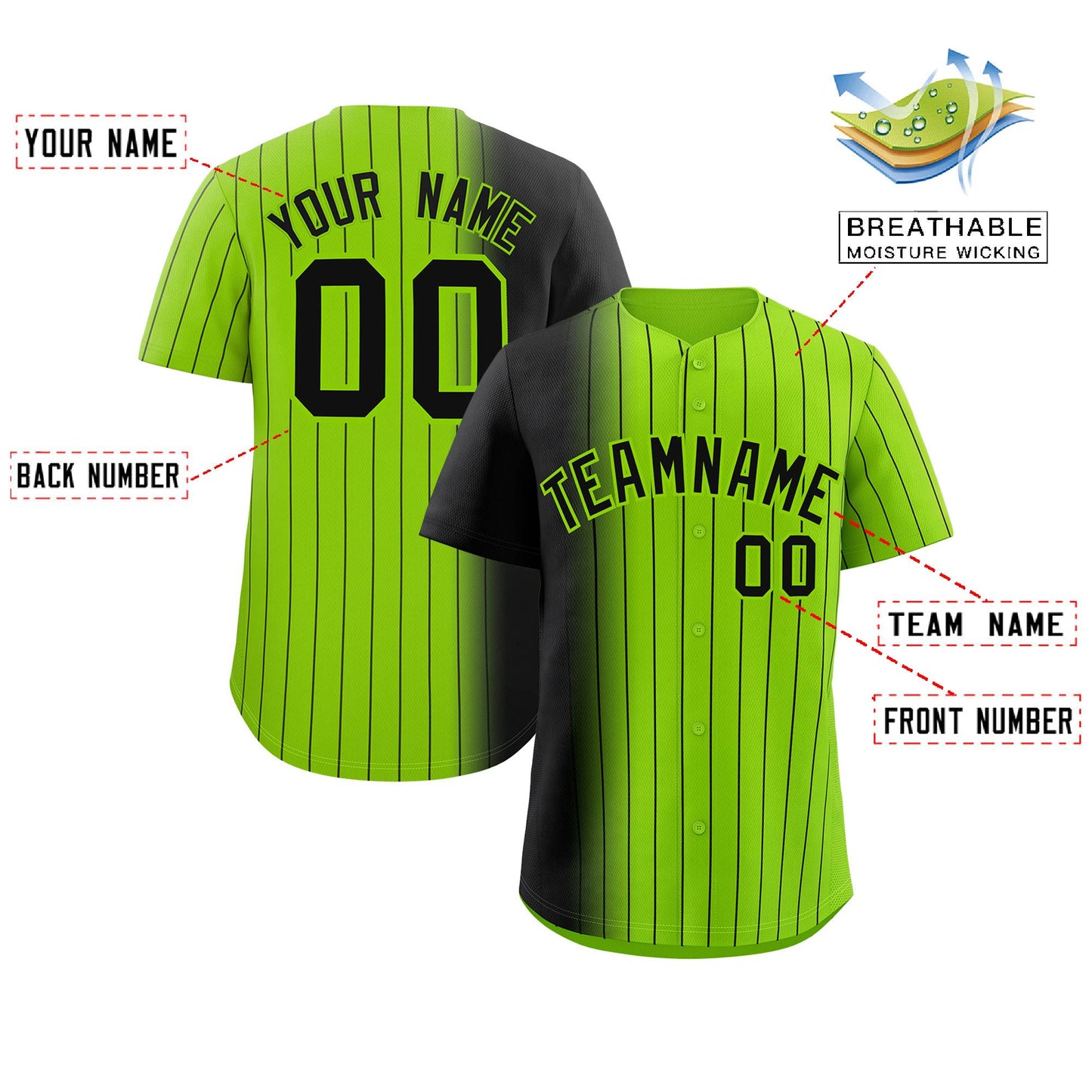 Custom Neon Green Black Pinstripe Personalized Gradient Authentic Baseball Jersey