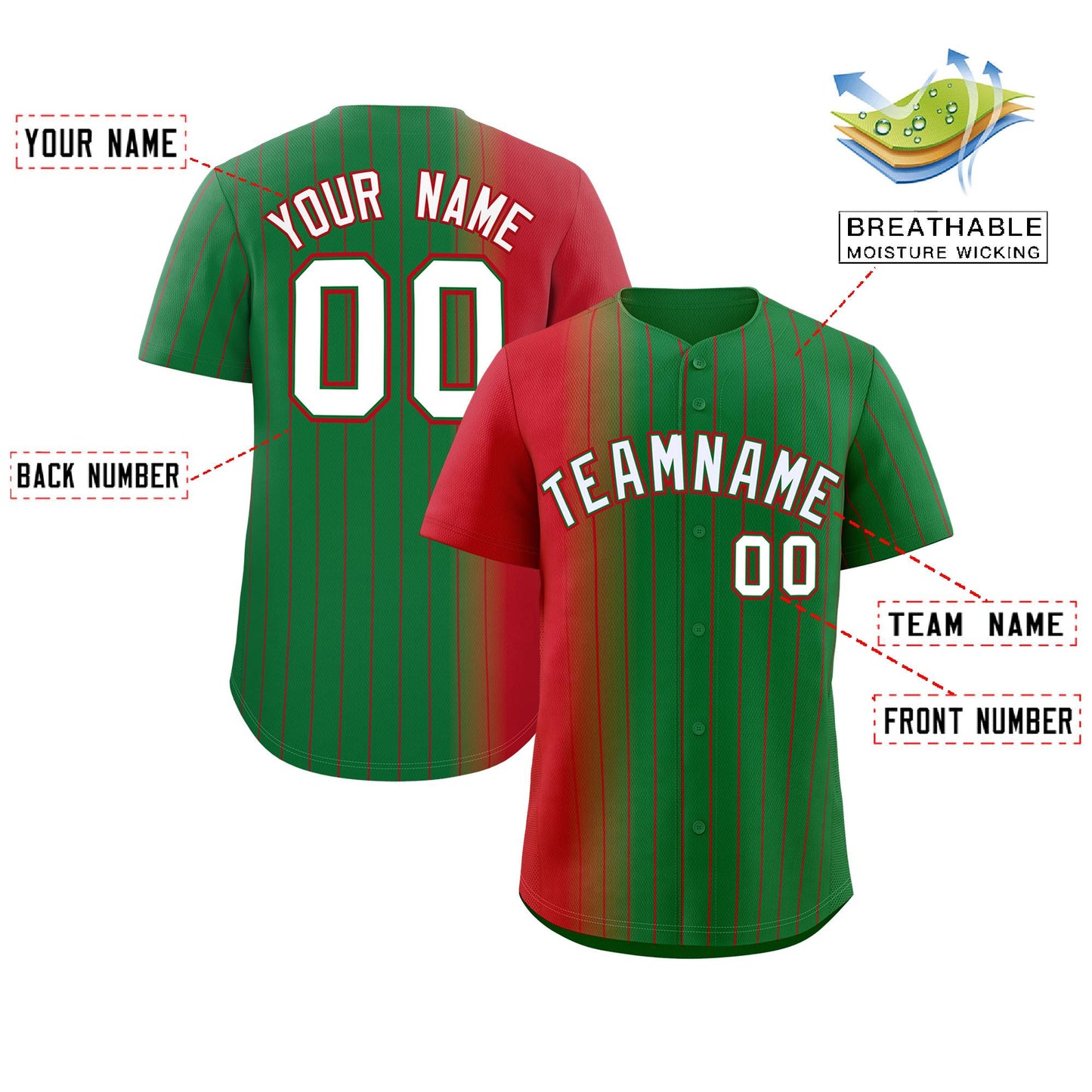 Custom Kelly Green Red Pinstripe Personalized Gradient Authentic Baseball Jersey