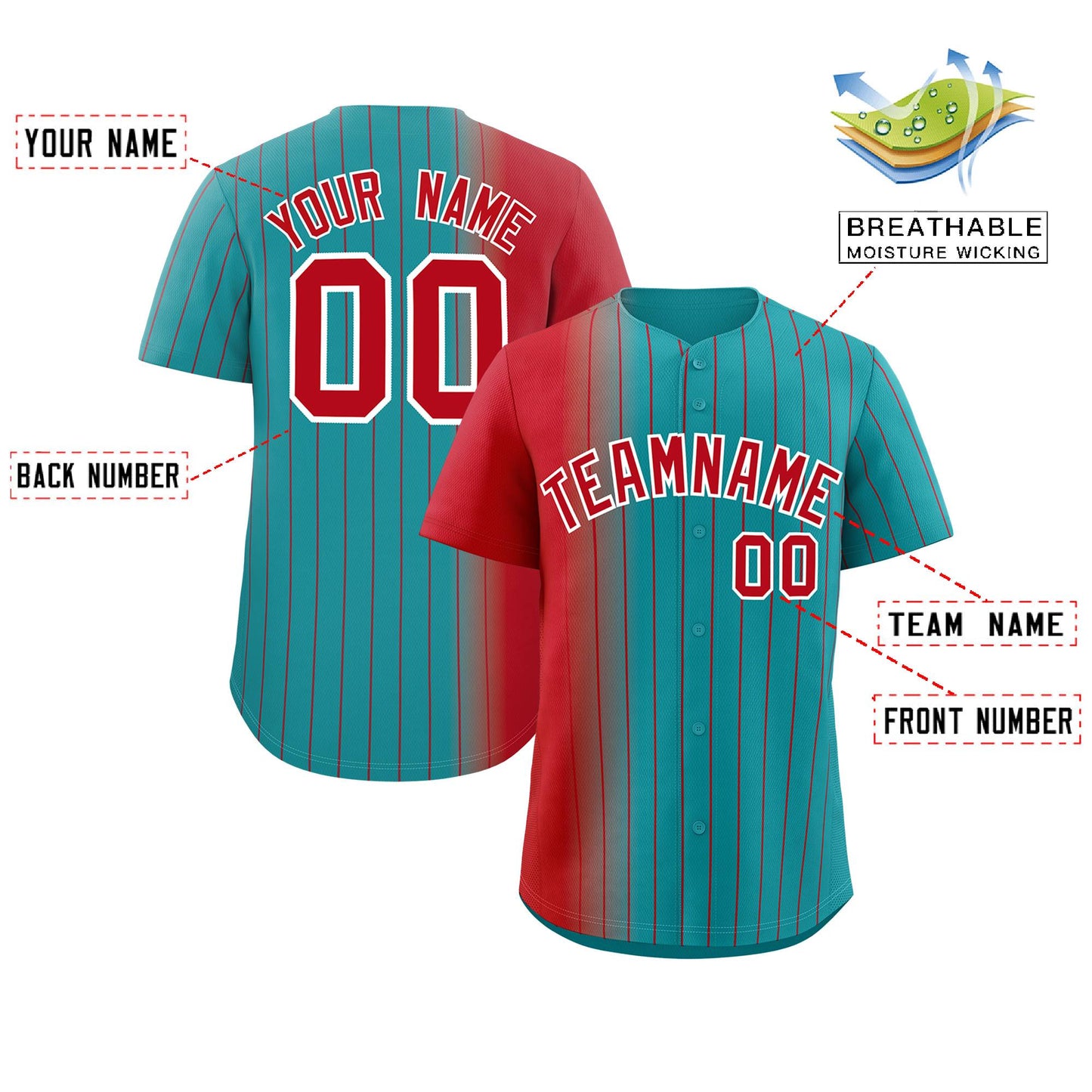 Custom Aqua Red Pinstripe Personalized Gradient Authentic Baseball Jersey