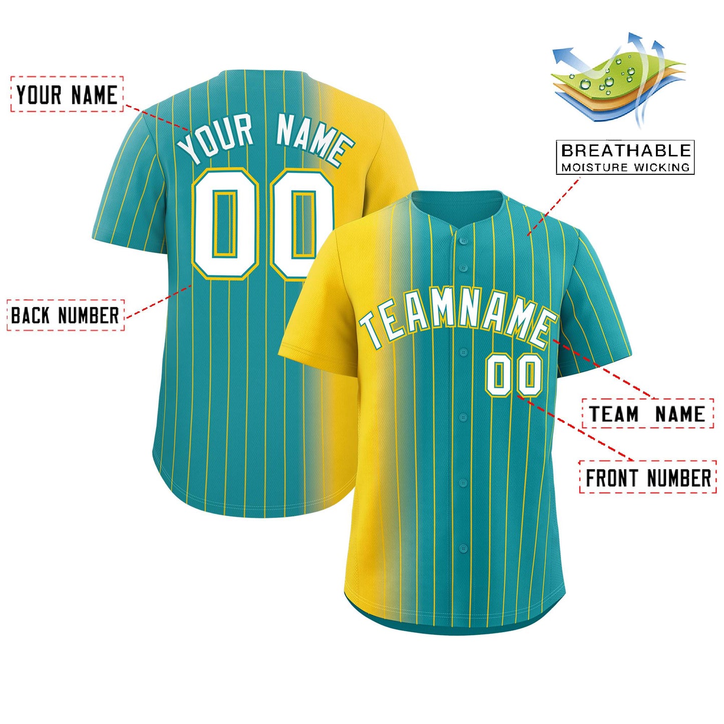 Custom Aqua Gold Pinstripe Personalized Gradient Authentic Baseball Jersey