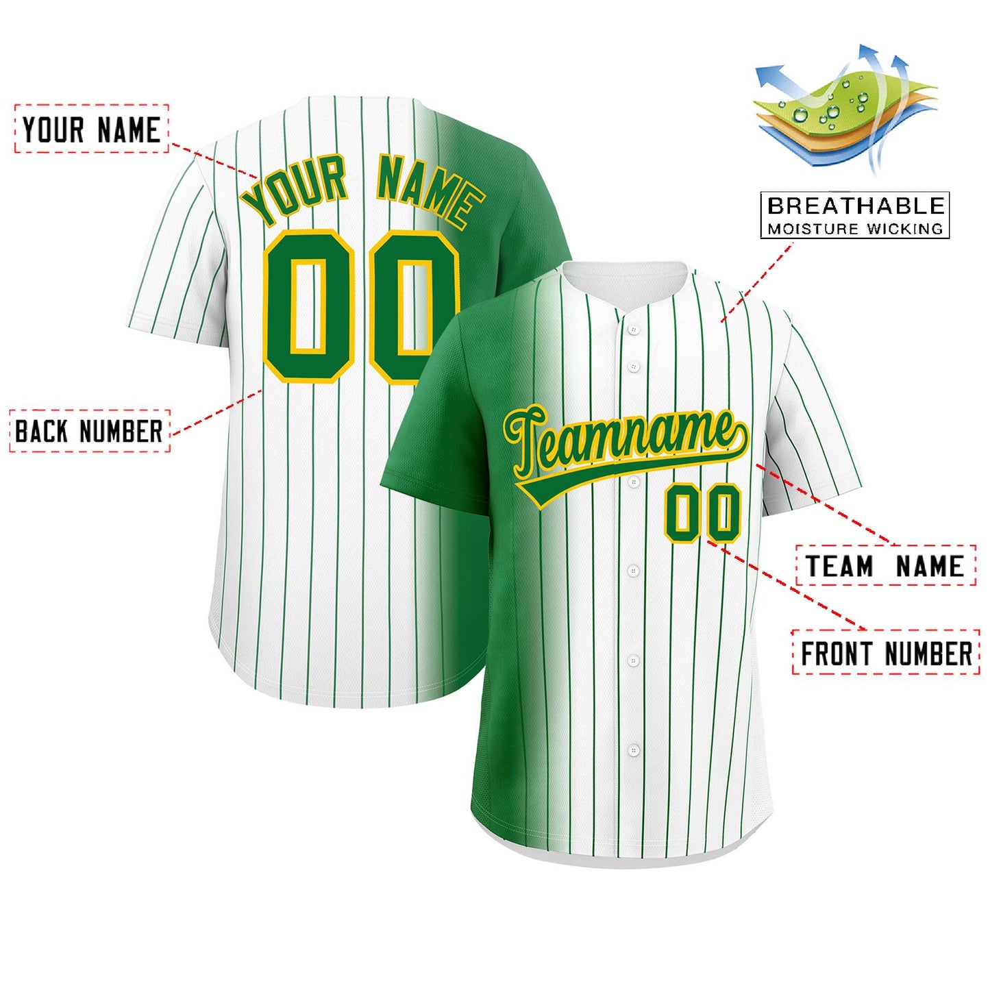 Custom White Kelly Green Pinstripe Personalized Gradient Authentic Baseball Jersey