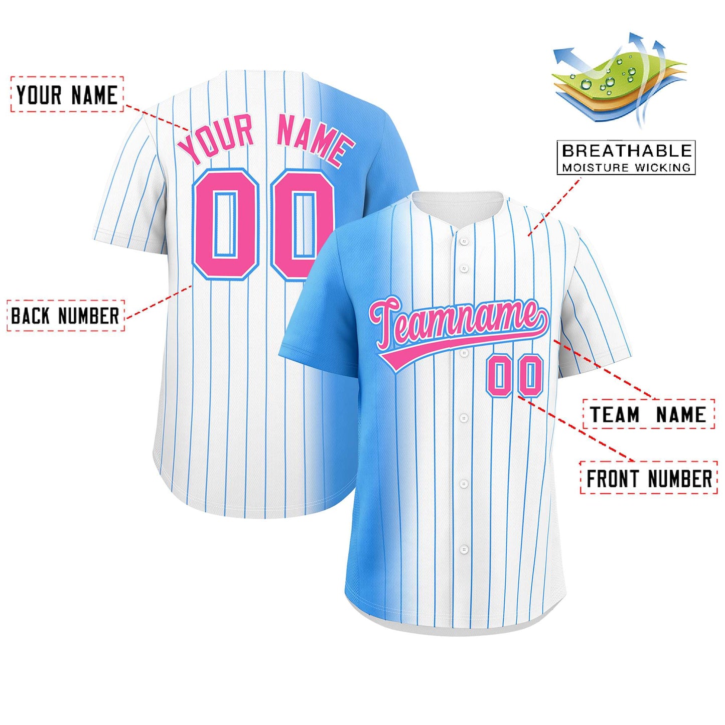 Custom White Powder Blue Pinstripe Personalized Gradient Authentic Baseball Jersey