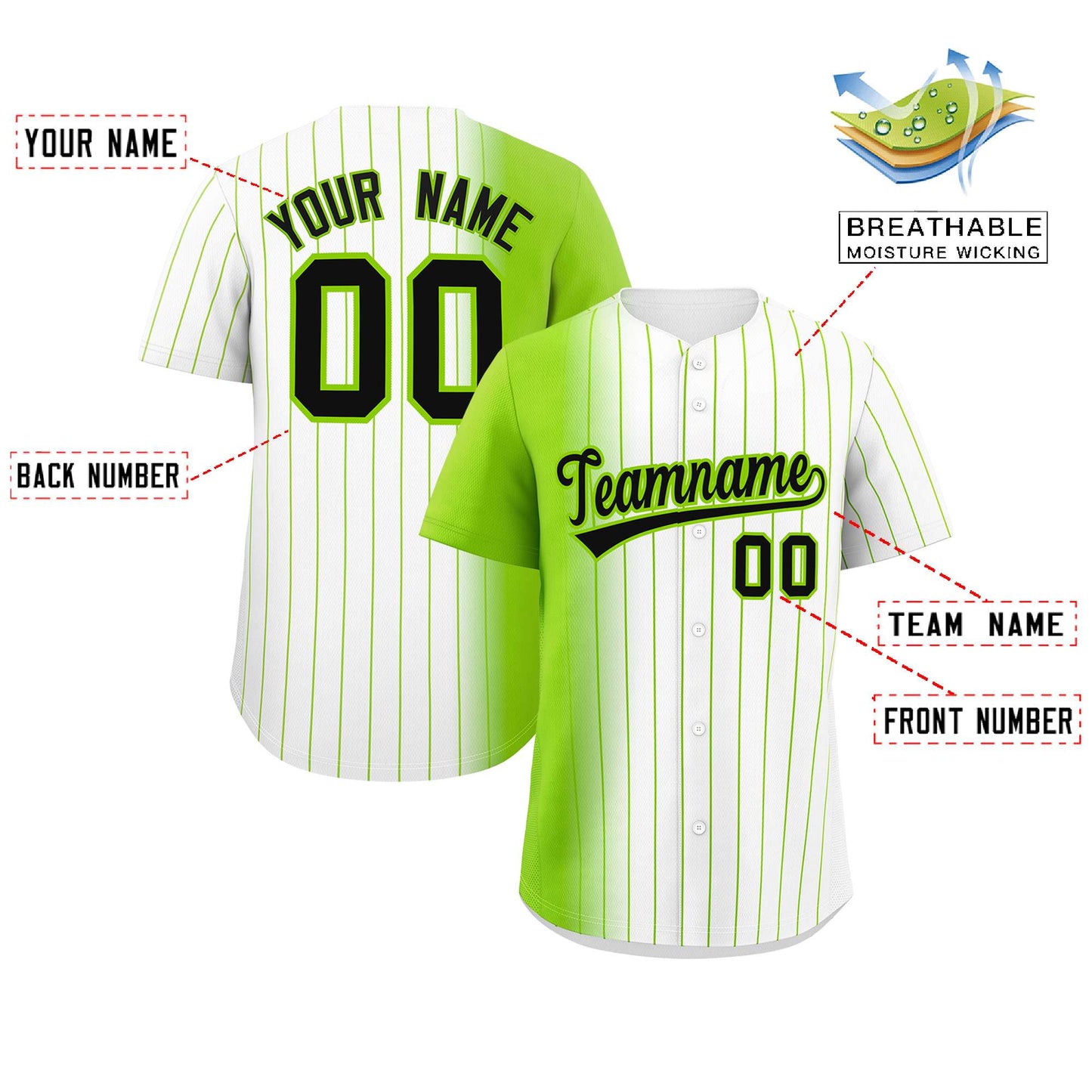 Custom White Neon Green Pinstripe Personalized Gradient Authentic Baseball Jersey