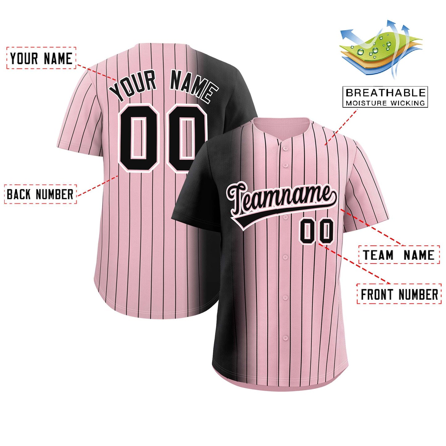 Custom Light Pink Black Pinstripe Personalized Gradient Authentic Baseball Jersey