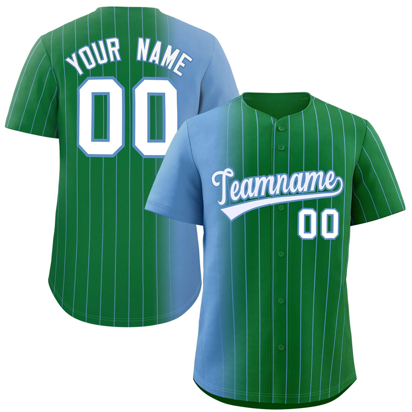 Custom Kelly Green Light Blue Pinstripe Personalized Gradient Authentic Baseball Jersey