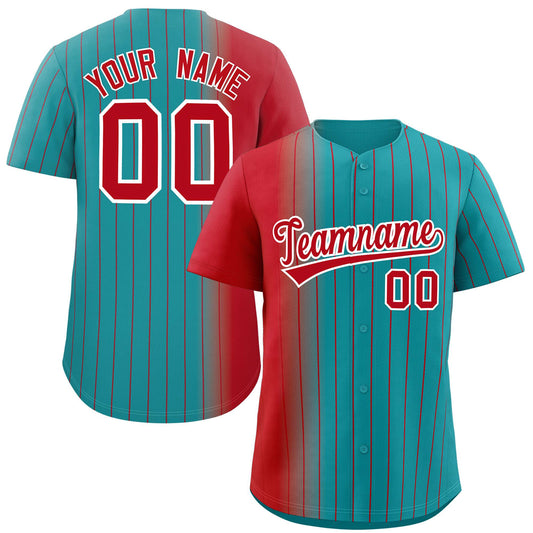 Custom Aqua Red Pinstripe Personalized Gradient Authentic Baseball Jersey