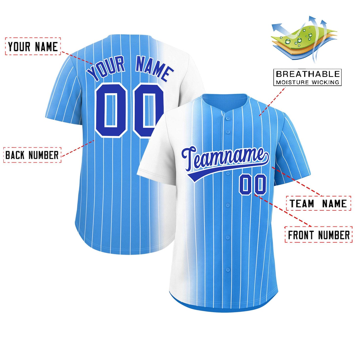 Custom Powder Blue White Pinstripe Personalized Gradient Authentic Baseball Jersey