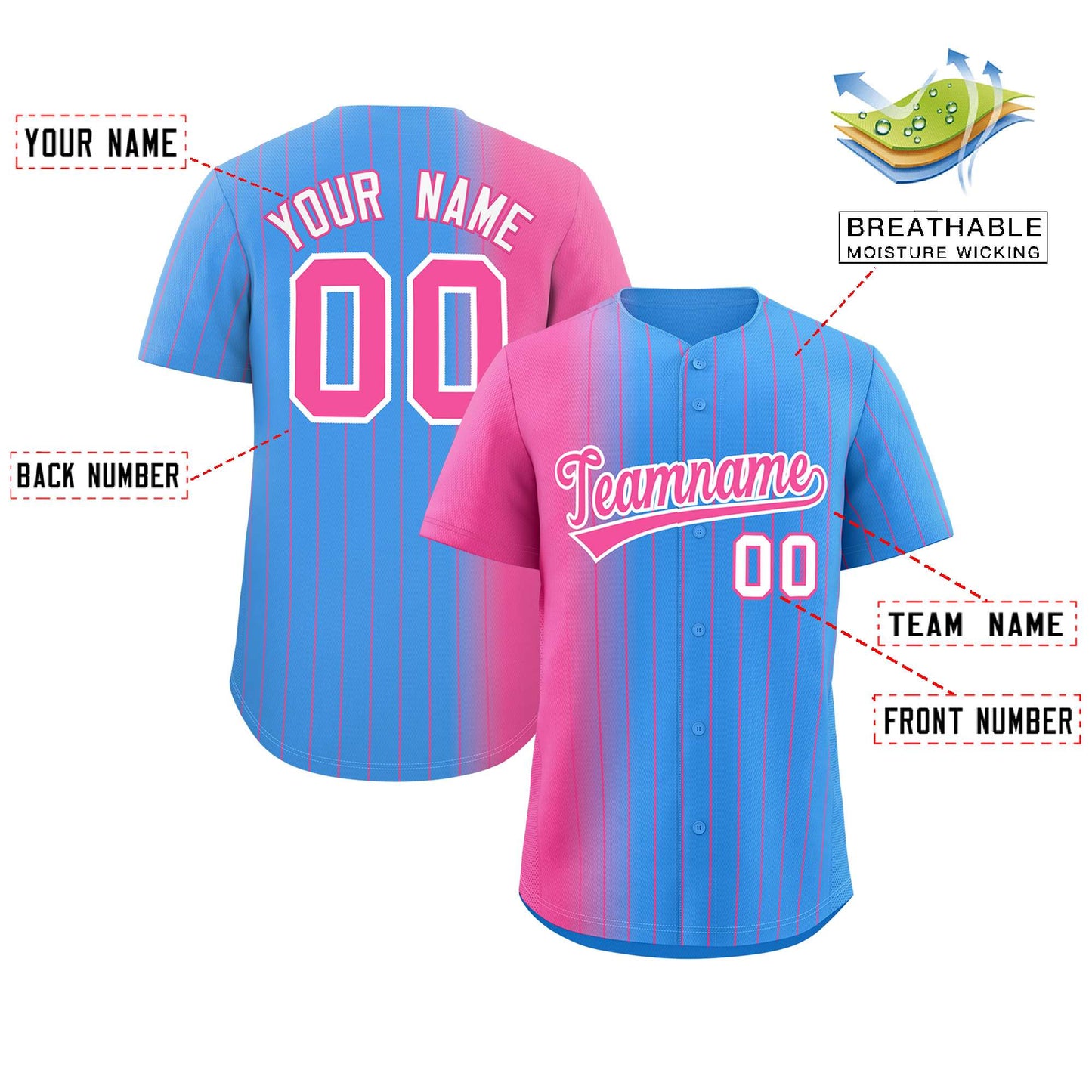 Custom Powder Blue Pink Pinstripe Personalized Gradient Authentic Baseball Jersey