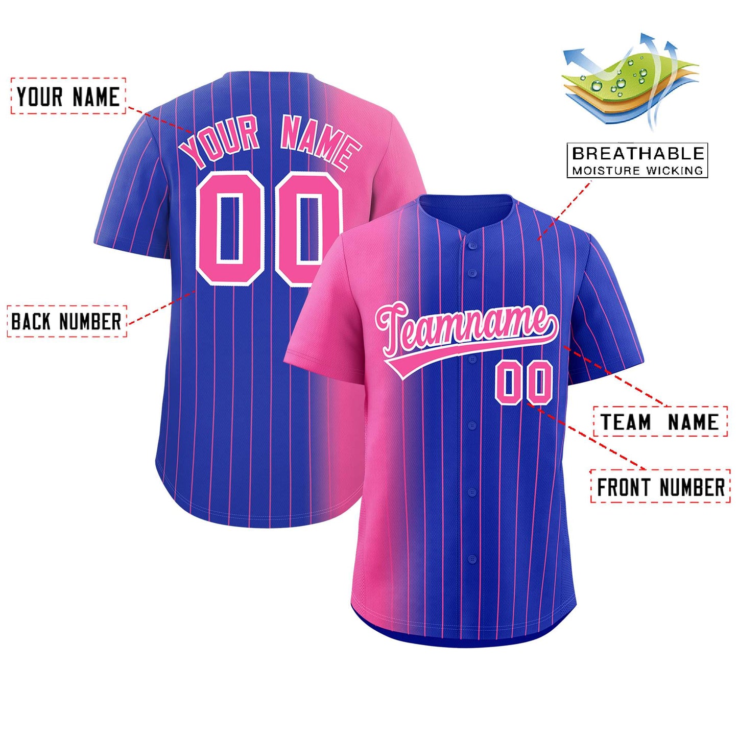 Custom Royal Pink Pinstripe Personalized Gradient Authentic Baseball Jersey