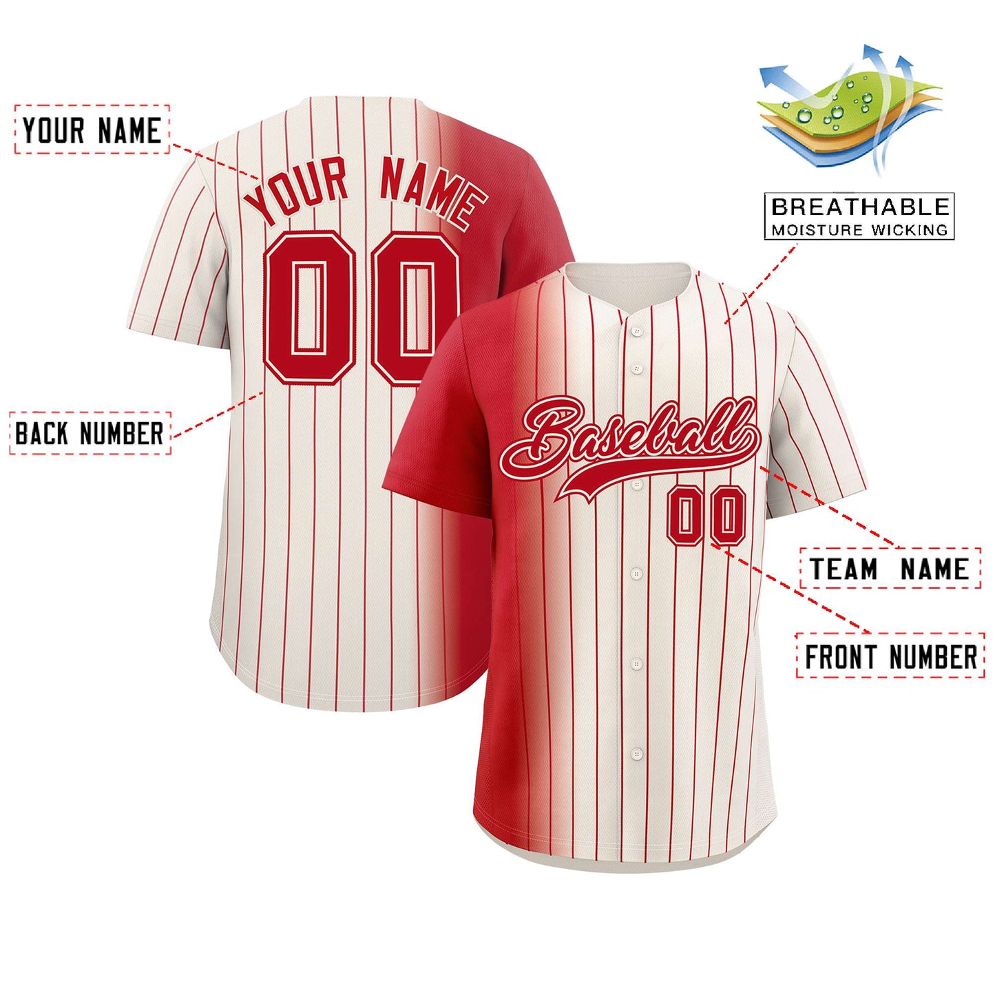 Custom Cream Red Pinstripe Personalized Gradient Authentic Baseball Jersey