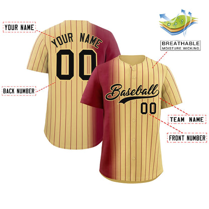 Custom Khaki Crimson Pinstripe Personalized Gradient Authentic Baseball Jersey