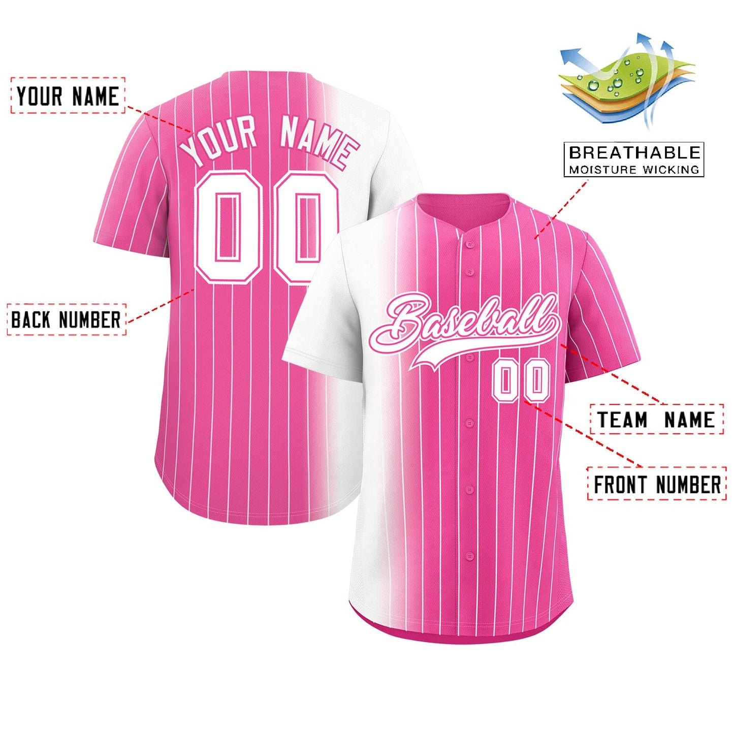 Custom Pink White Pinstripe Personalized Gradient Authentic Baseball Jersey