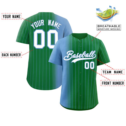 Custom Kelly Green Light Blue Pinstripe Personalized Gradient Authentic Baseball Jersey