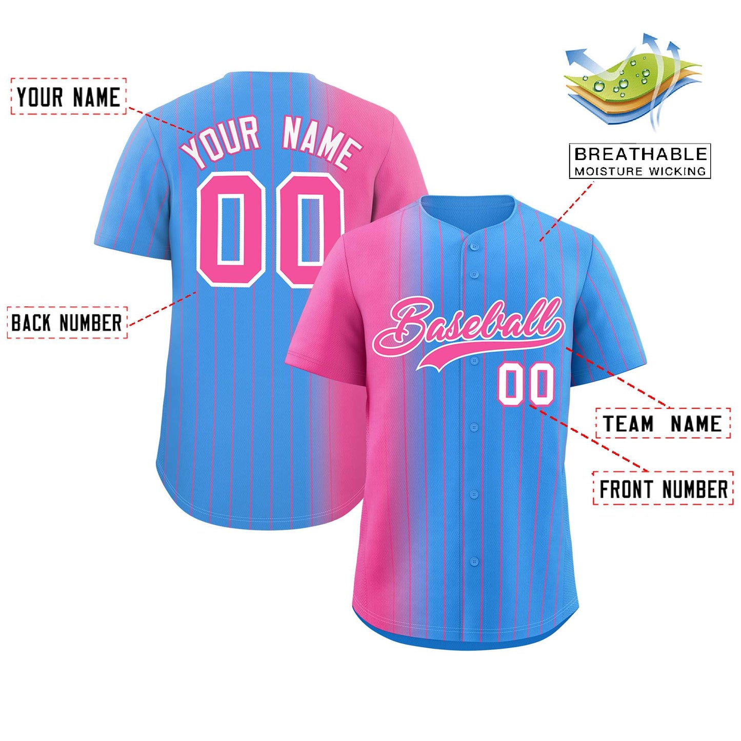 Custom Powder Blue Pink Pinstripe Personalized Gradient Authentic Baseball Jersey