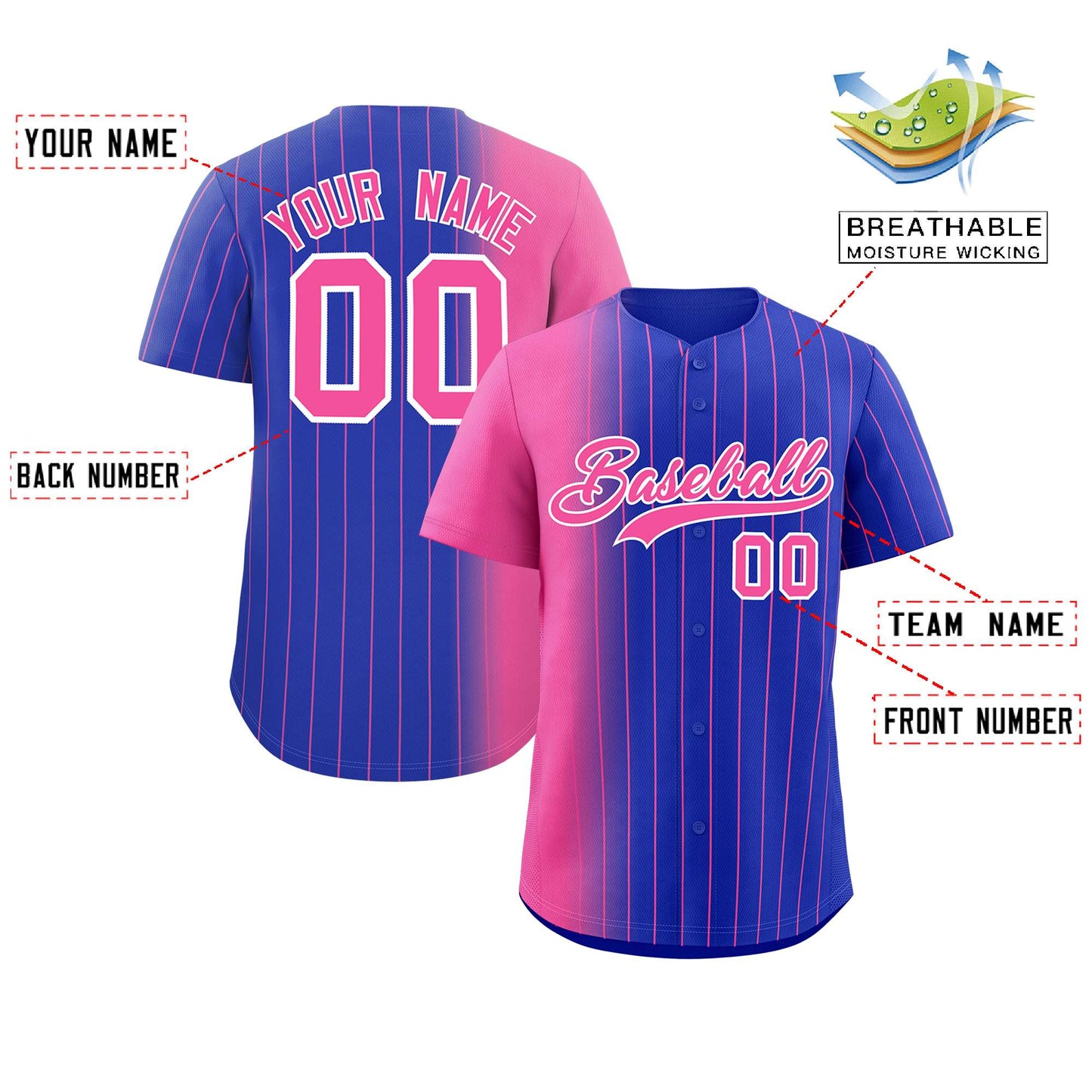 Custom Royal Pink Pinstripe Personalized Gradient Authentic Baseball Jersey