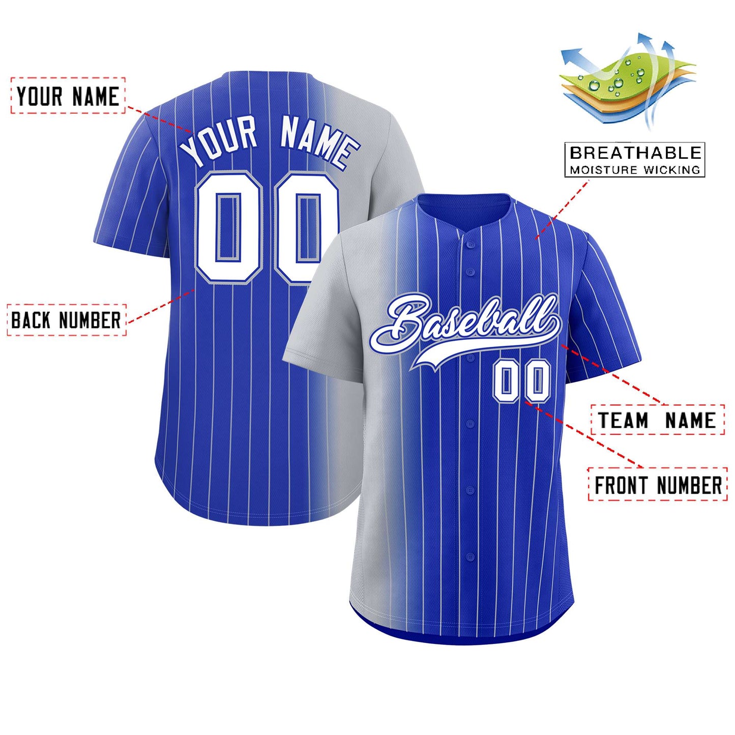 Custom Royal Gray Pinstripe Personalized Gradient Authentic Baseball Jersey