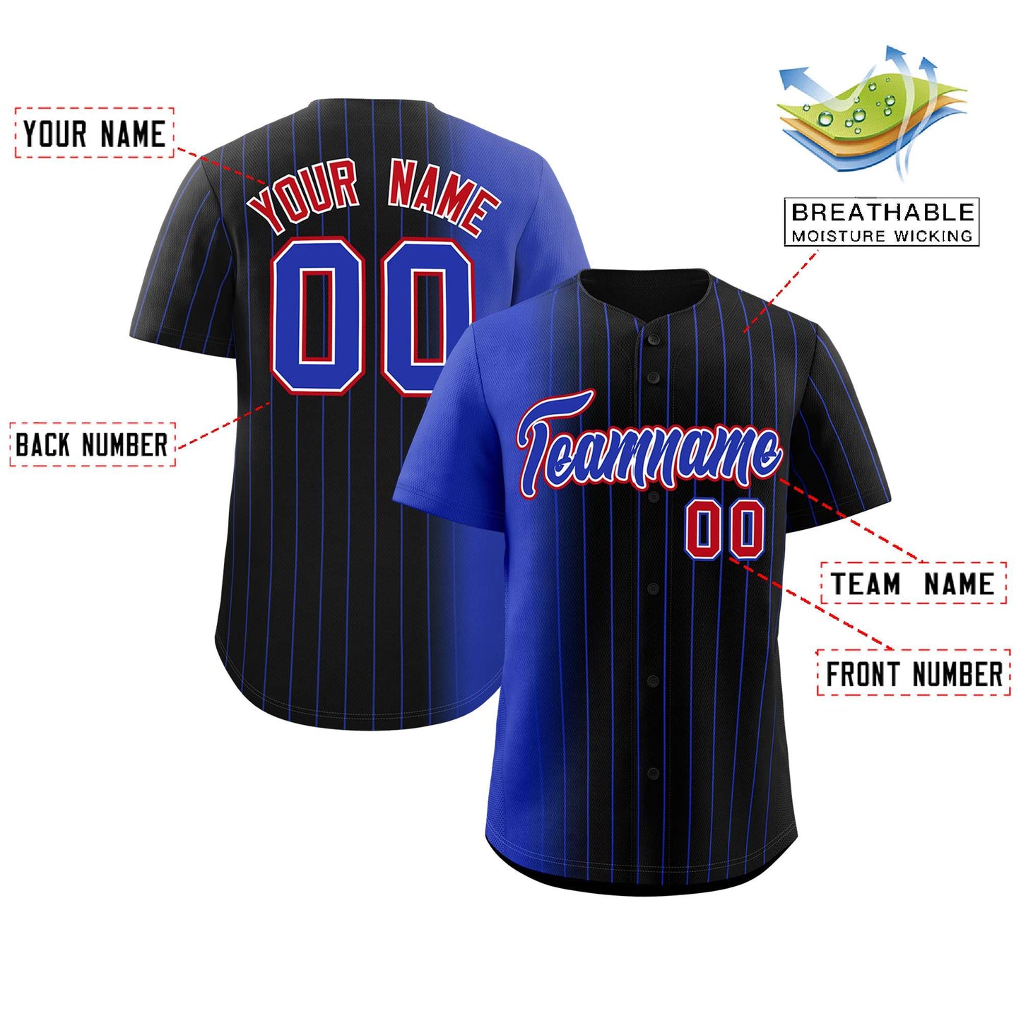 Custom Black Royal Pinstripe Personalized Gradient Authentic Baseball Jersey