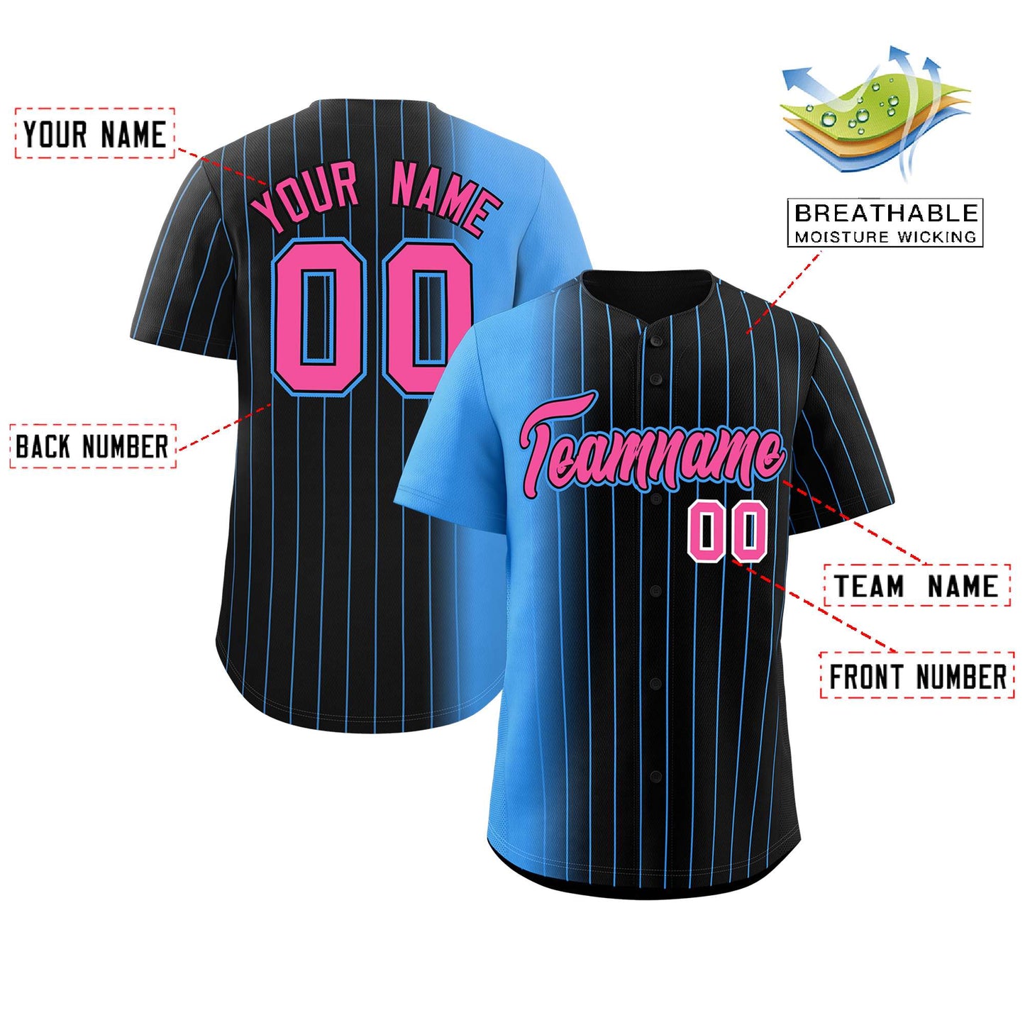 Custom Black Powder Blue Pinstripe Personalized Gradient Authentic Baseball Jersey