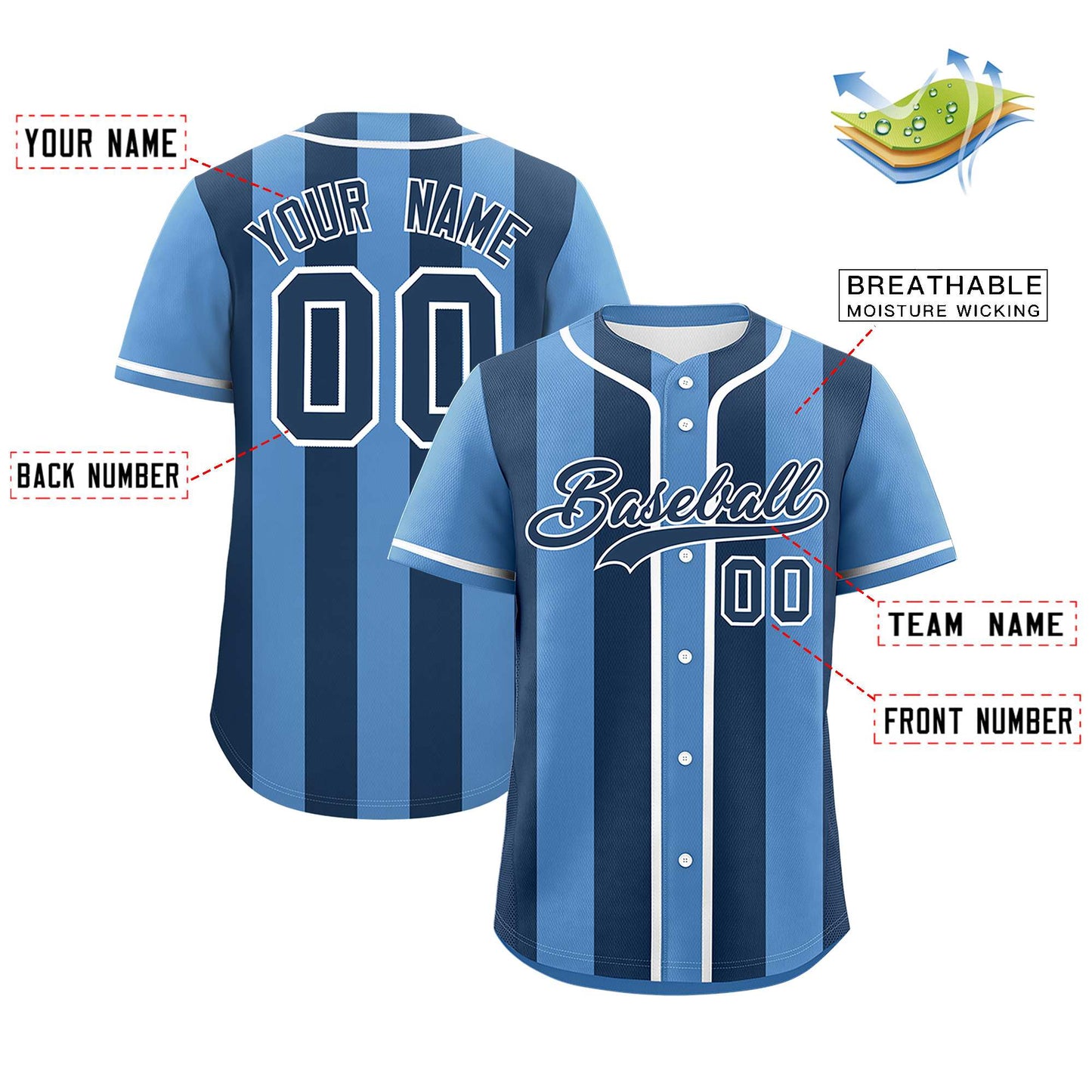 Custom Light Blue Midnight Blue Thick Stripe Fashion Authentic Baseball jersey