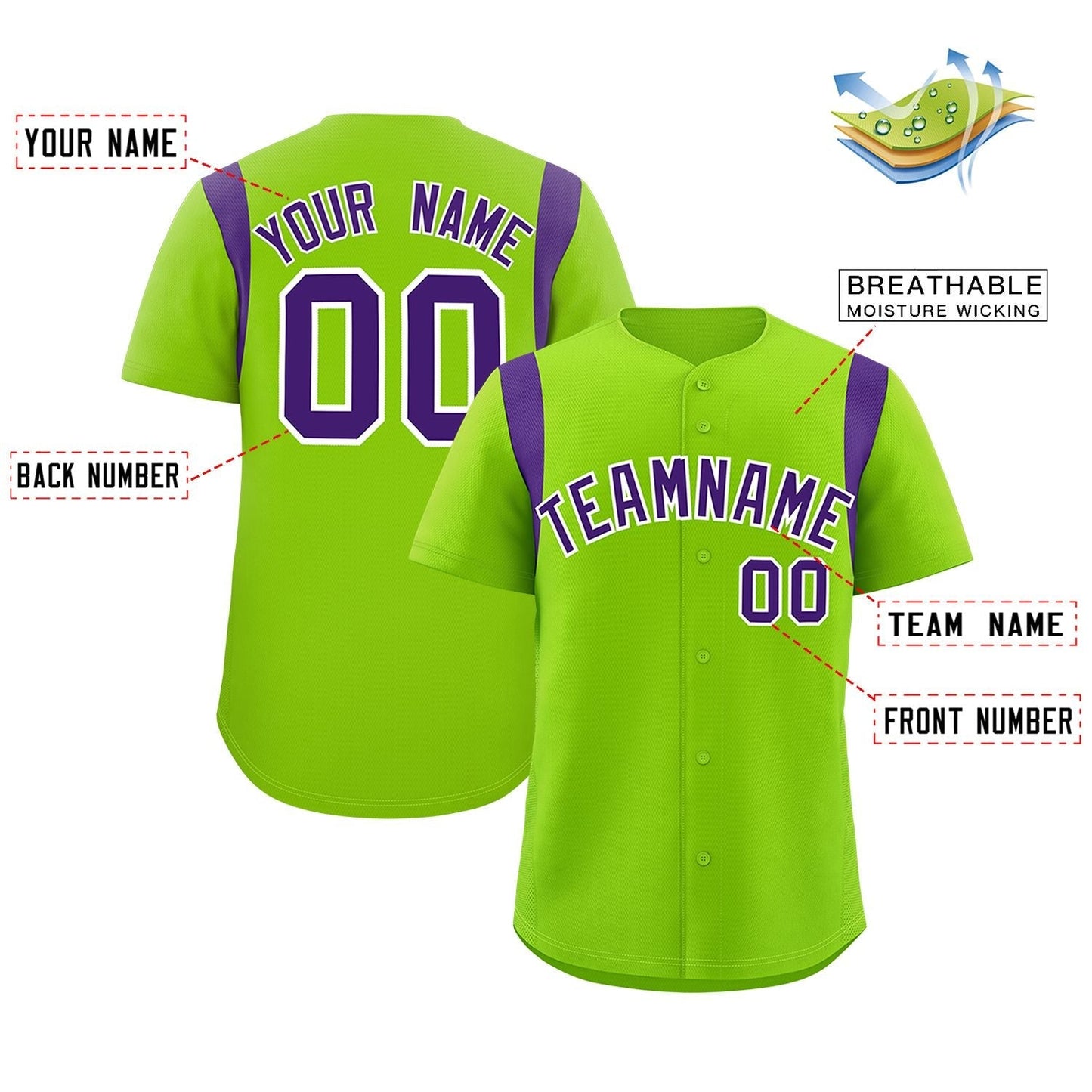 Custom Neon Green Purple Classic Style Personalized Full Button Authentic Baseball Jersey