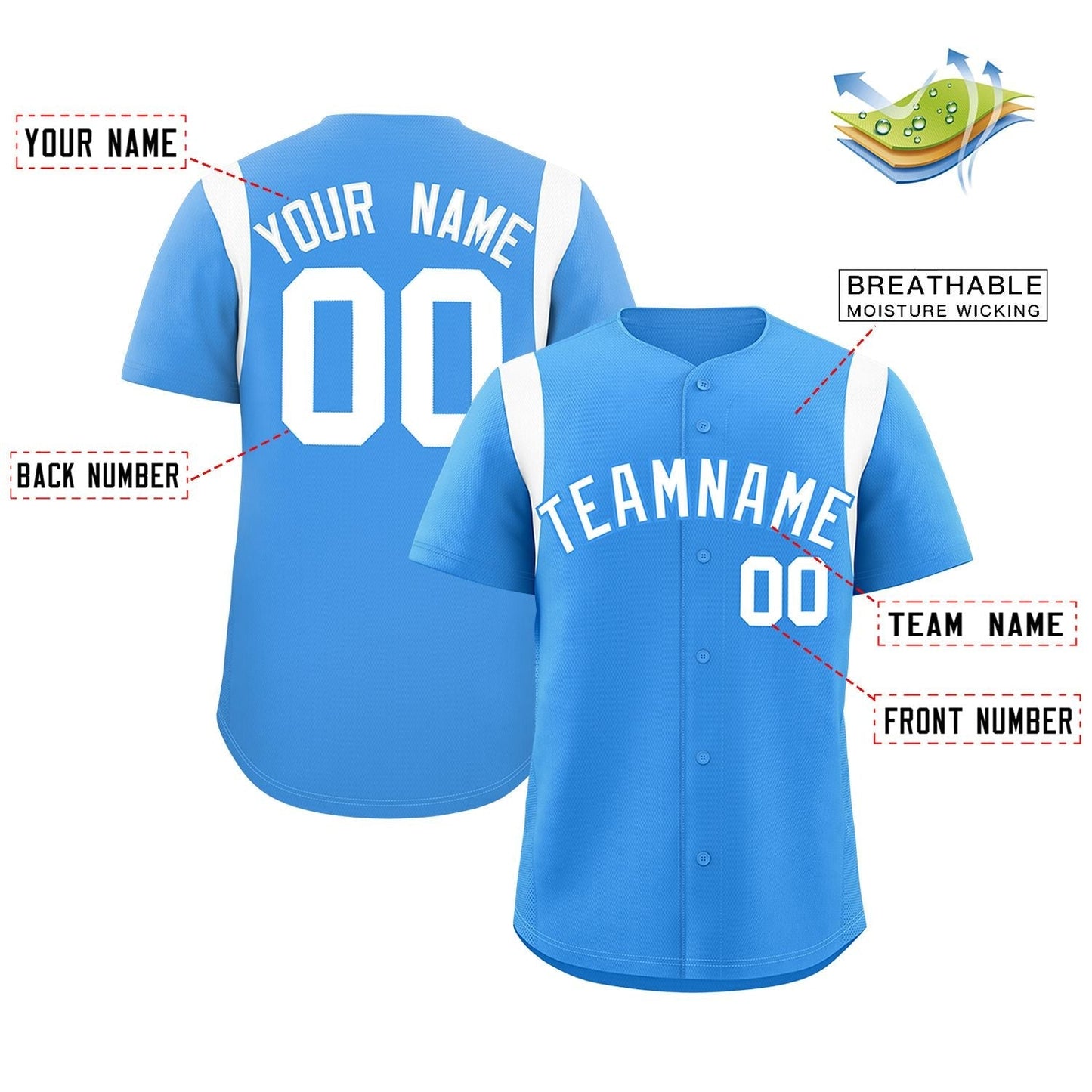 Custom Powder Blue White Classic Style Personalized Full Button Authentic Baseball Jersey