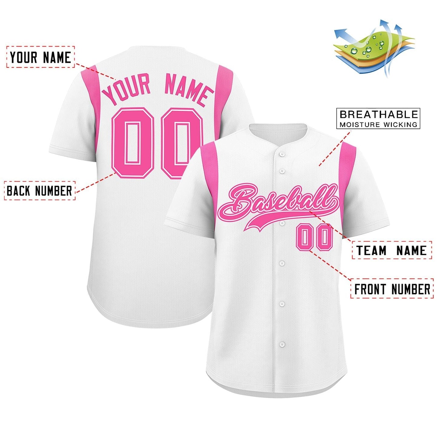 Custom White Pink Classic Style Personalized Full Button Authentic Baseball Jersey