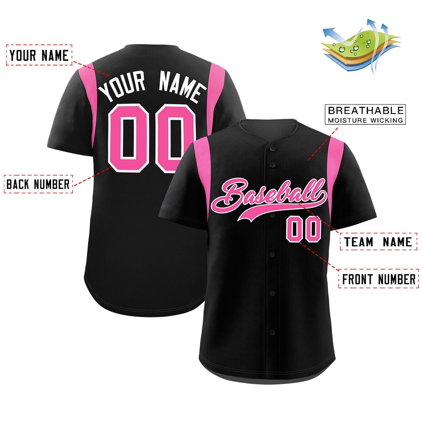 Custom Black Pink Classic Style Personalized Full Button Authentic Baseball Jersey