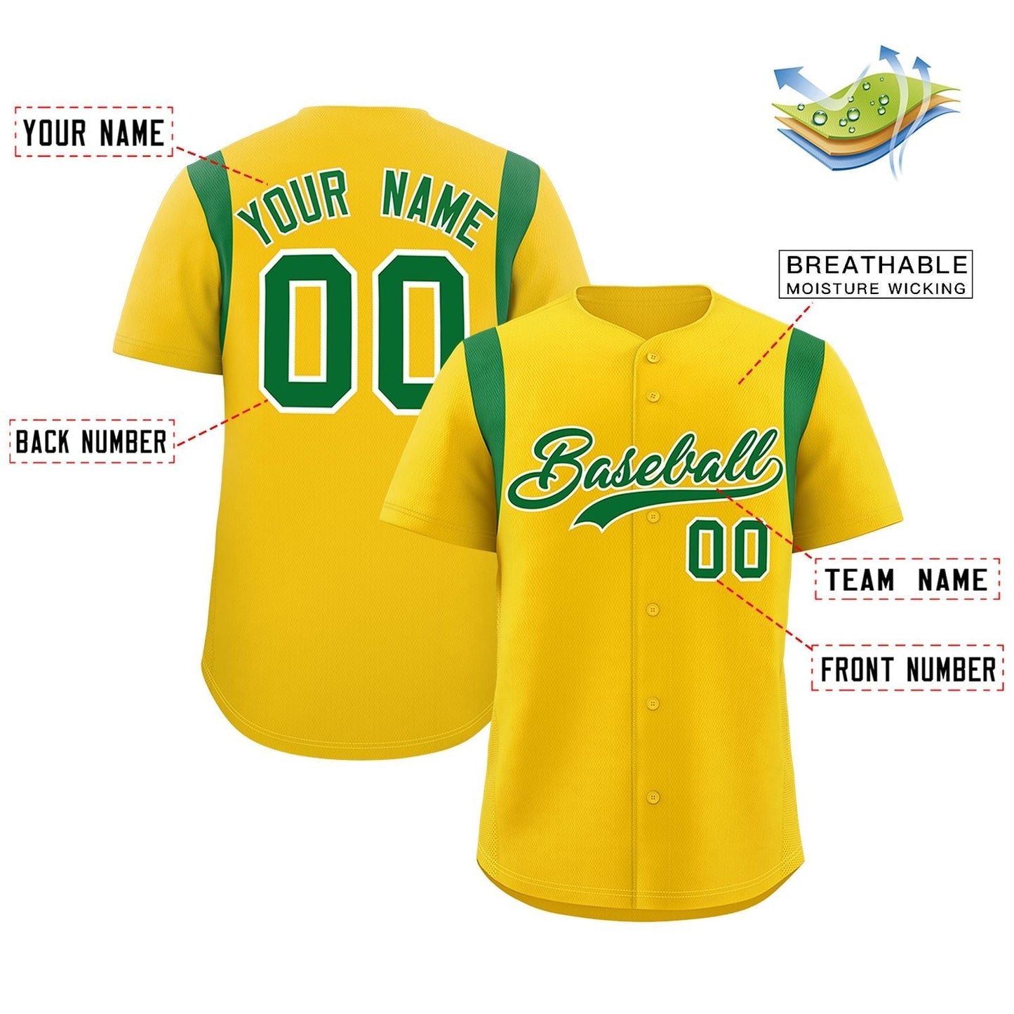 Custom Gold Kelly Green Classic Style Personalized Full Button Authentic Baseball Jersey