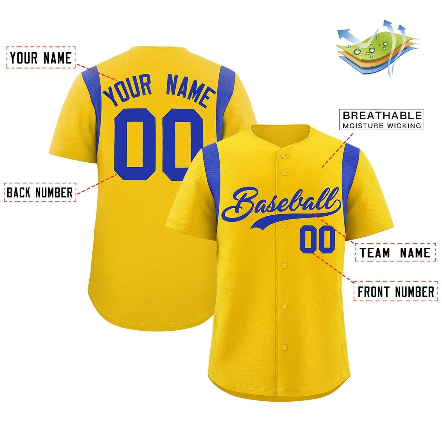 Custom Gold Royal Classic Style Personalized Full Button Authentic Baseball Jersey