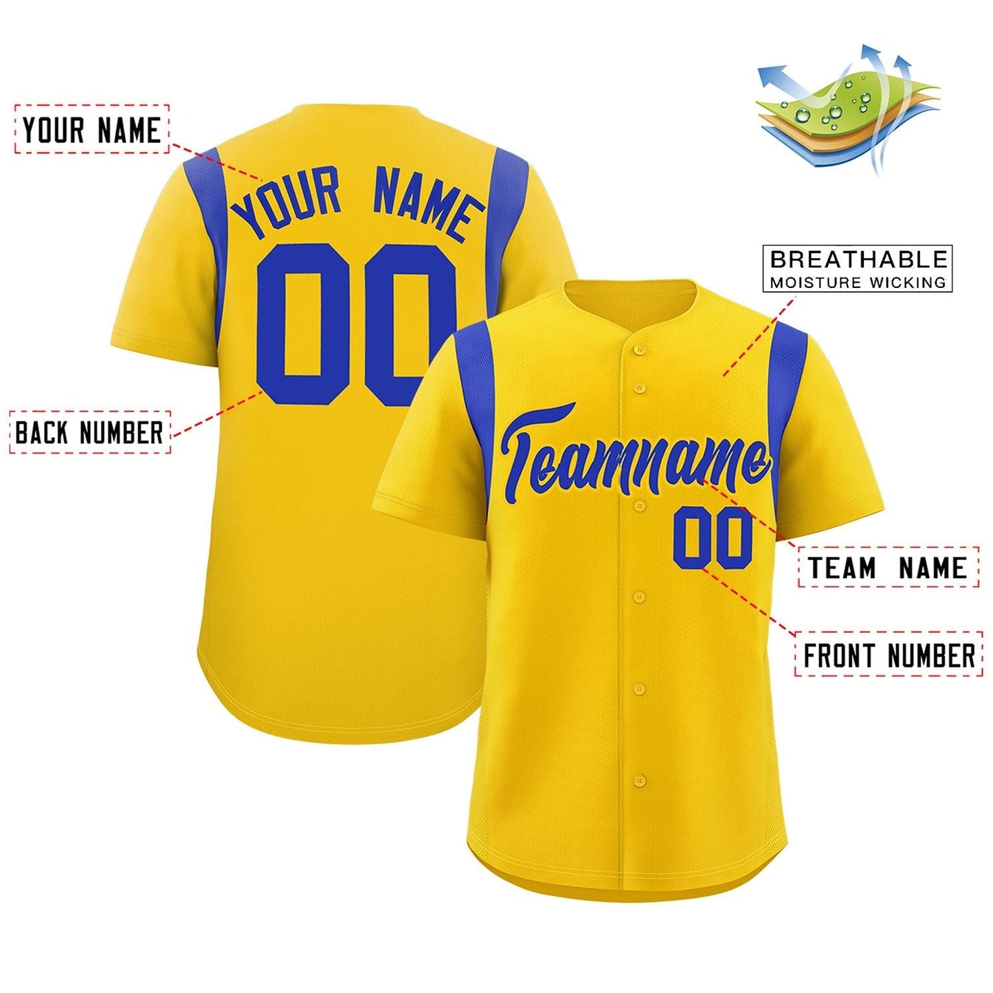 Custom Gold Royal Classic Style Personalized Full Button Authentic Baseball Jersey