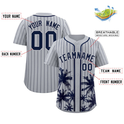 Custom Gray Navy Pinstripe Coconut Tree Pattern Authentic Baseball Jersey