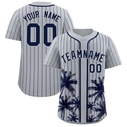 Custom Gray Navy Pinstripe Coconut Tree Pattern Authentic Baseball Jersey