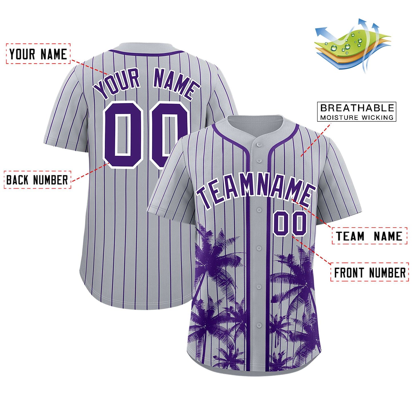 Custom Gray Purple Pinstripe Coconut Tree Pattern Authentic Baseball Jersey