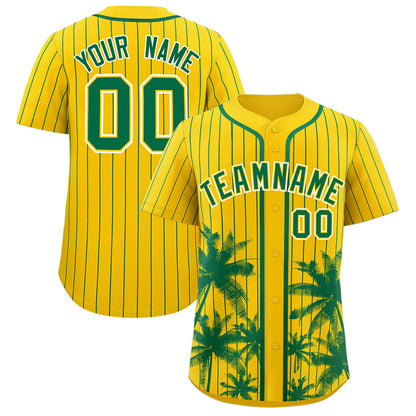 Custom Gold Kelly Green Pinstripe Coconut Tree Pattern Authentic Baseball Jersey