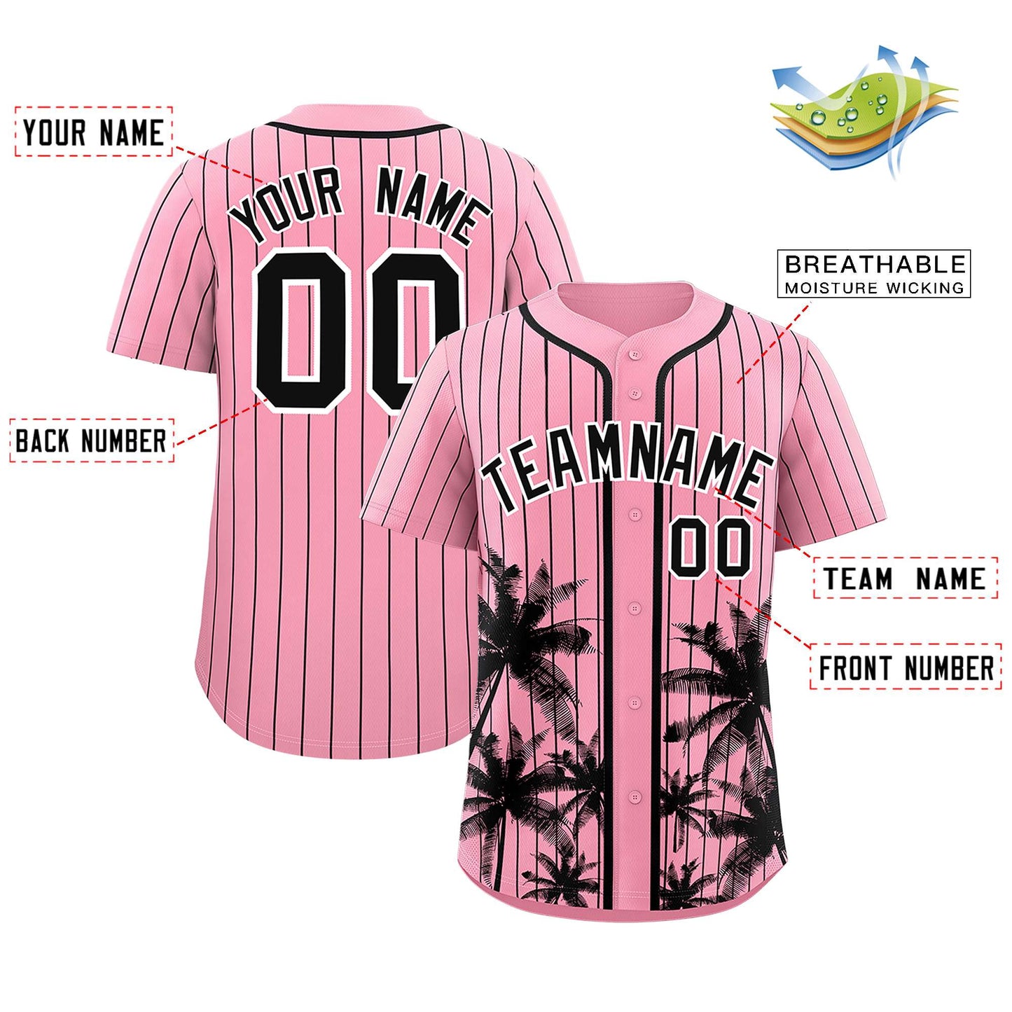 Custom Light Pink Black Pinstripe Coconut Tree Pattern Authentic Baseball Jersey