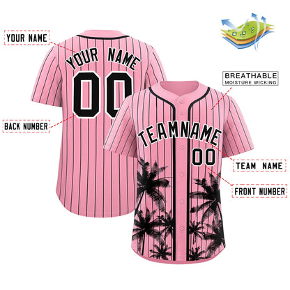 Custom Light Pink Black Pinstripe Coconut Tree Pattern Authentic Baseball Jersey