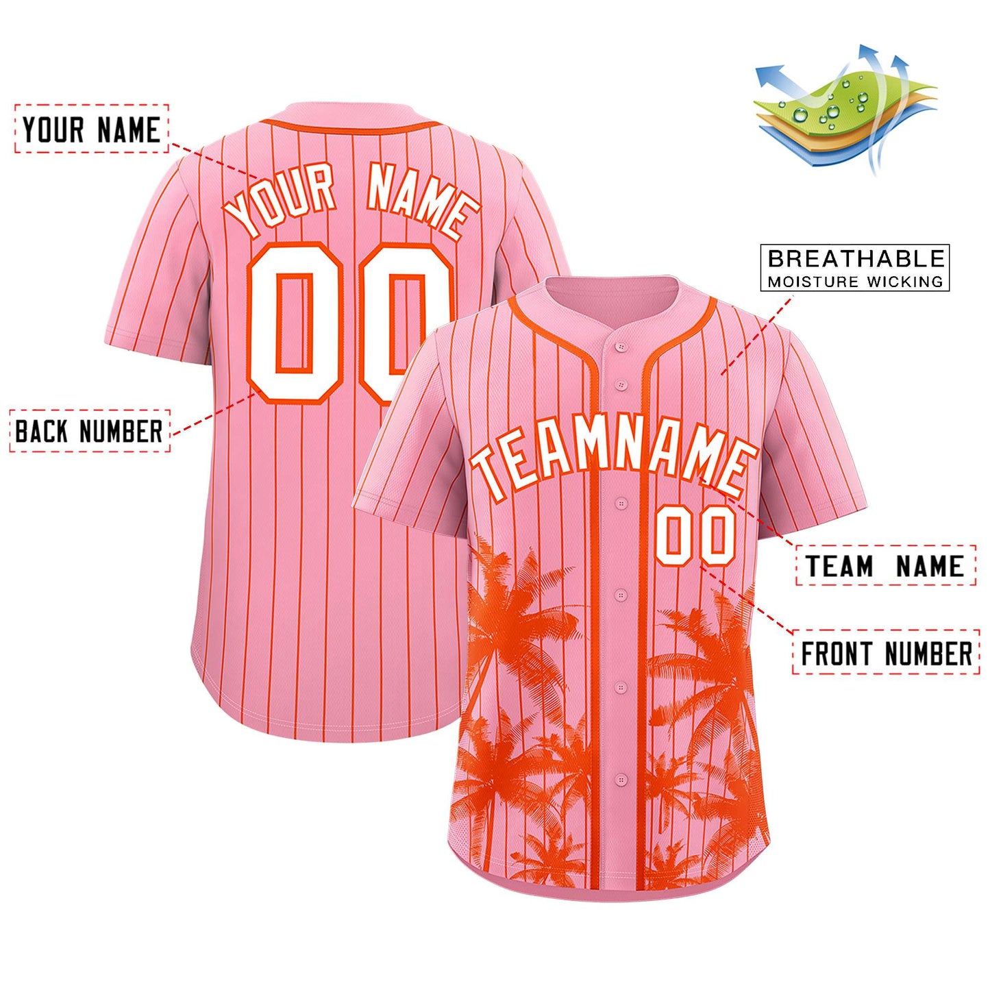 Custom Light Pink Orange Pinstripe Coconut Tree Pattern Authentic Baseball Jersey